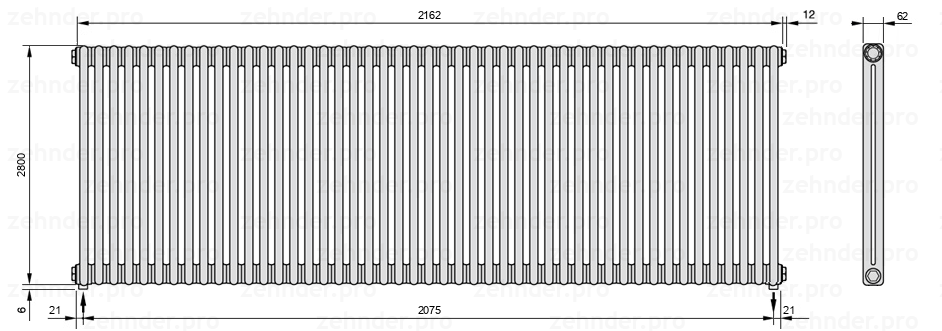 Схема (чертеж) Радиатор Zehnder Charleston 2280/47 №3570 Белый глянцевый RAL 9016